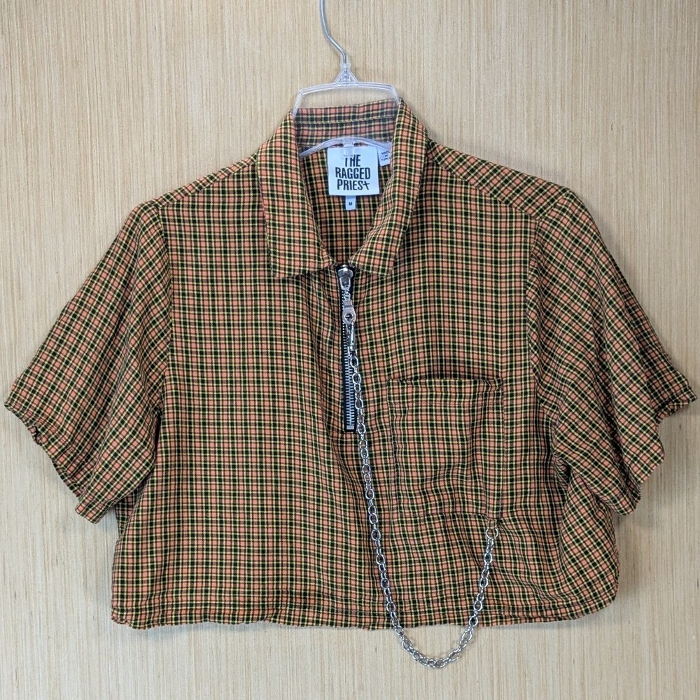 The Ragged Priest Womens Punk Grunge Plaid Oversized Cropped Shirt Size M Orange